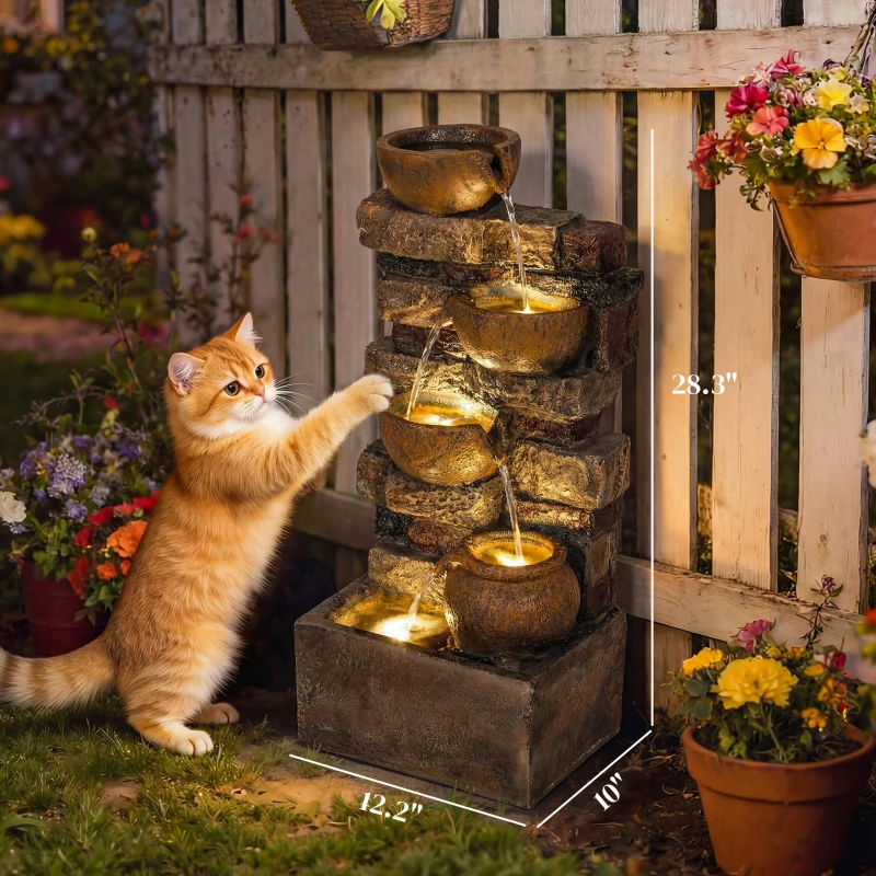 Outsunny 28" Outdoor Fountain with 5-Tier Rustic Jugs, Cascading Waterfall with LED Lights, Adjustable Flow, Rustic Brown