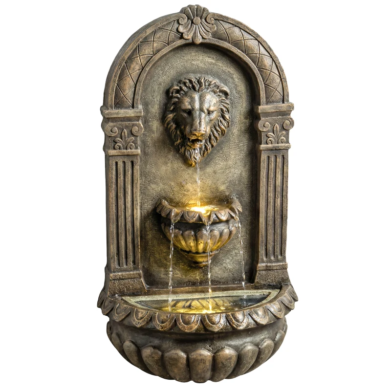 Outsunny 31" Wall-Mounted 3-Tier Outdoor Fountain, Cascading Waterfall Feature with LED Lights and Adjustable Flow, Rustic Brown