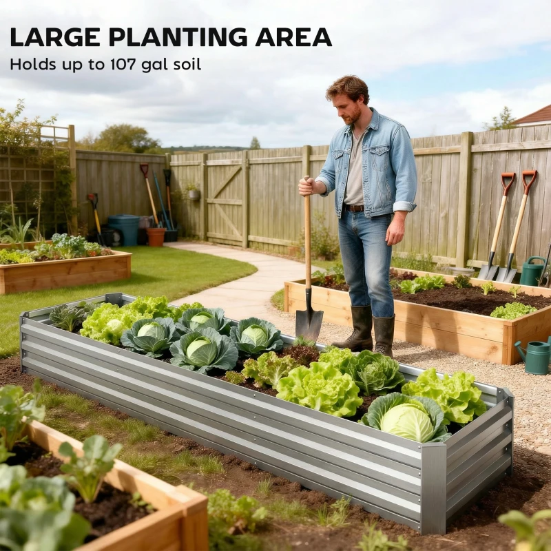 Outsunny 8'x2'x1' Galvanized Raised Bed, Large Elevated Planter Box for Growing Flowers, Herbs and Vegetables, Silver