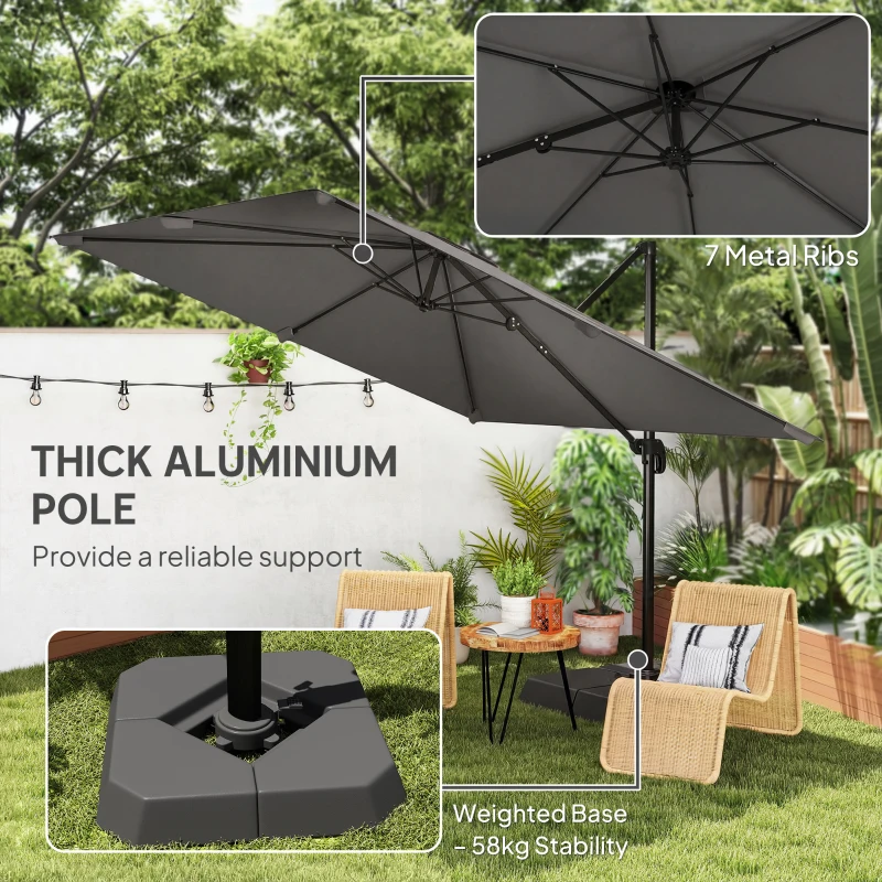 Outsunny 10 FT Patio Umbrella with Base, Outdoor Offset Cantilever Umbrella with Crank Handle and Tilt, 360° Rotation