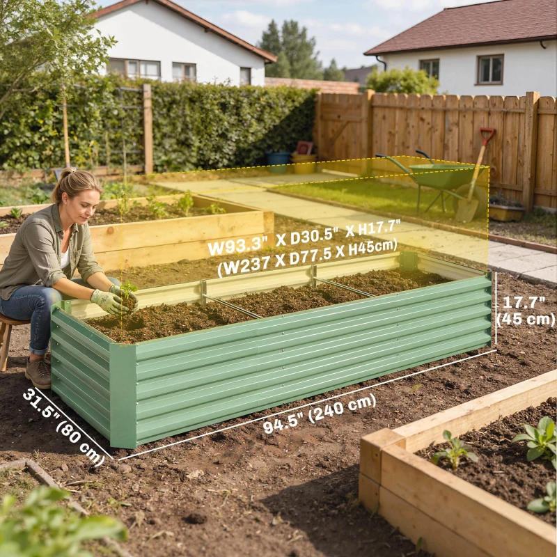 Outsunny 8 x 2.6 x 1.5ft Galvanized Raised Garden Bed, Reinforced Outdoor Planter Box with Open Bottom, Light Green