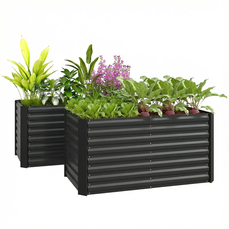 Outsunny Set of 2 Galvanized Metal Planters for Outdoor Plants, 4' x 2' x 2' Raised Garden Bed, Black