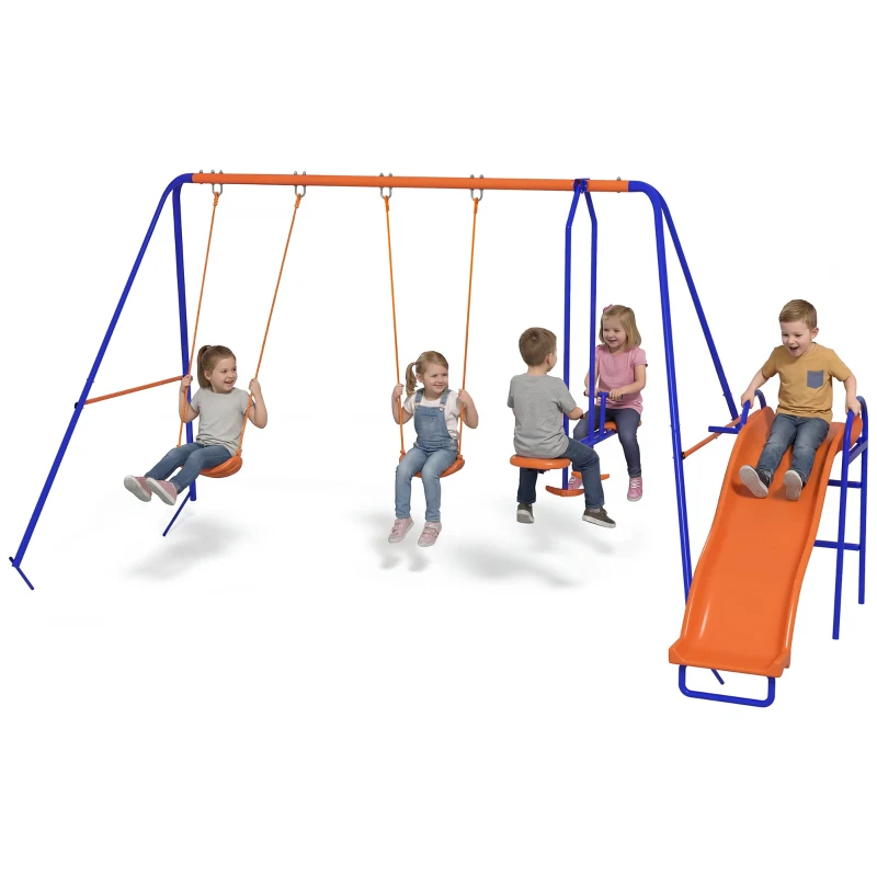 Outsunny 4 in 1 Metal Swing Set with Double Swings, Glider, Slide, Ladder for Backyard, Outdoor, Playground, Multicoloured