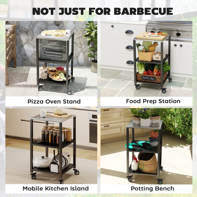 Outsunny Outdoor Grill Cart, Pizza Oven Stand with Stainless Steel Top, 3-Tier Rolling Kitchen Prep Station with Wheels, Black