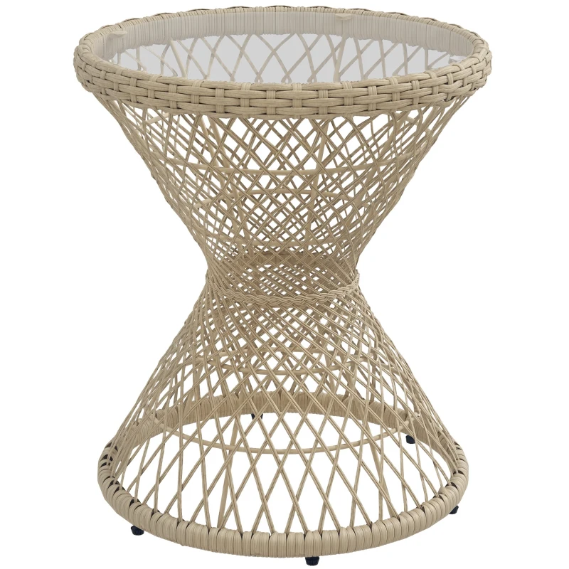 Outsunny Wicker Outdoor Coffee Table, 18" Round Drum-Style Outdoor Patio Table with Tempered Glass Top, Light Brown