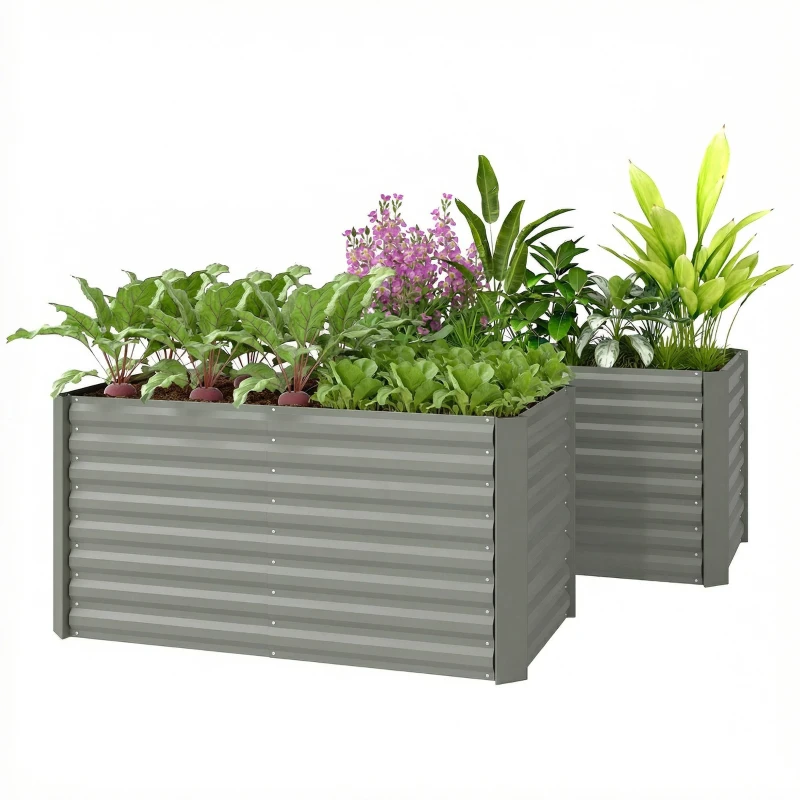 Outsunny Set of 2 Galvanized Metal Planters for Outdoor Plants, 4' x 2' x 2' Raised Garden Bed, Light Grey
