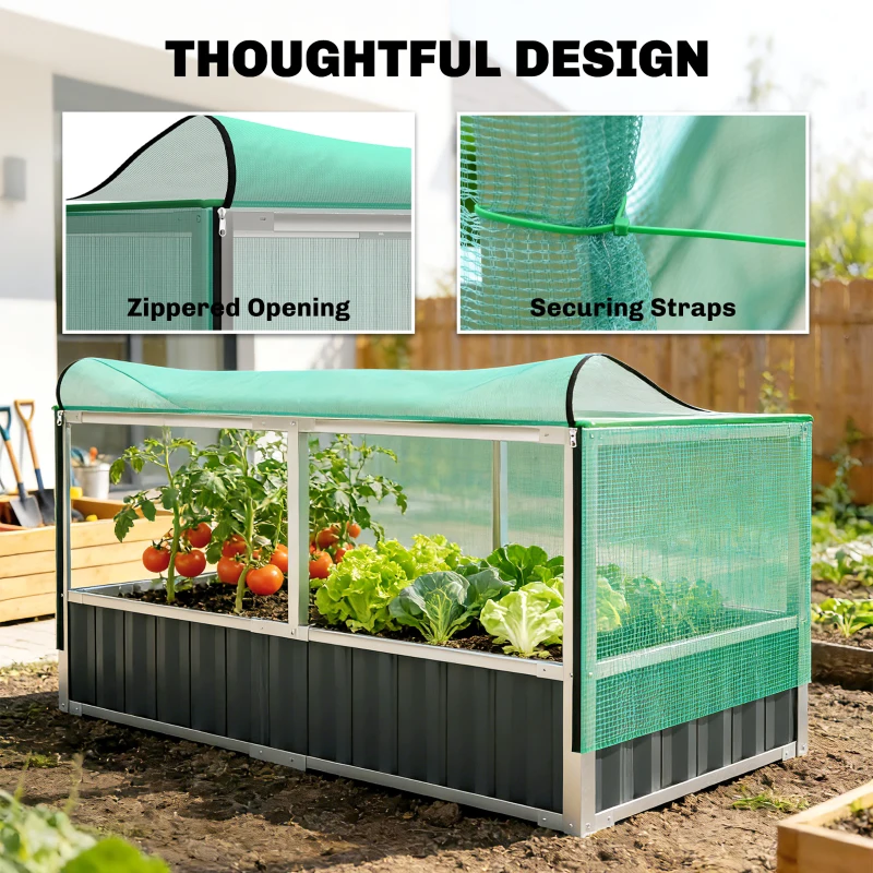 Outsunny Raised Garden Bed, 5.7 x 3 x 2.3ft Steel Planter Box Outdoor with Cover, Gloves, Dark Grey