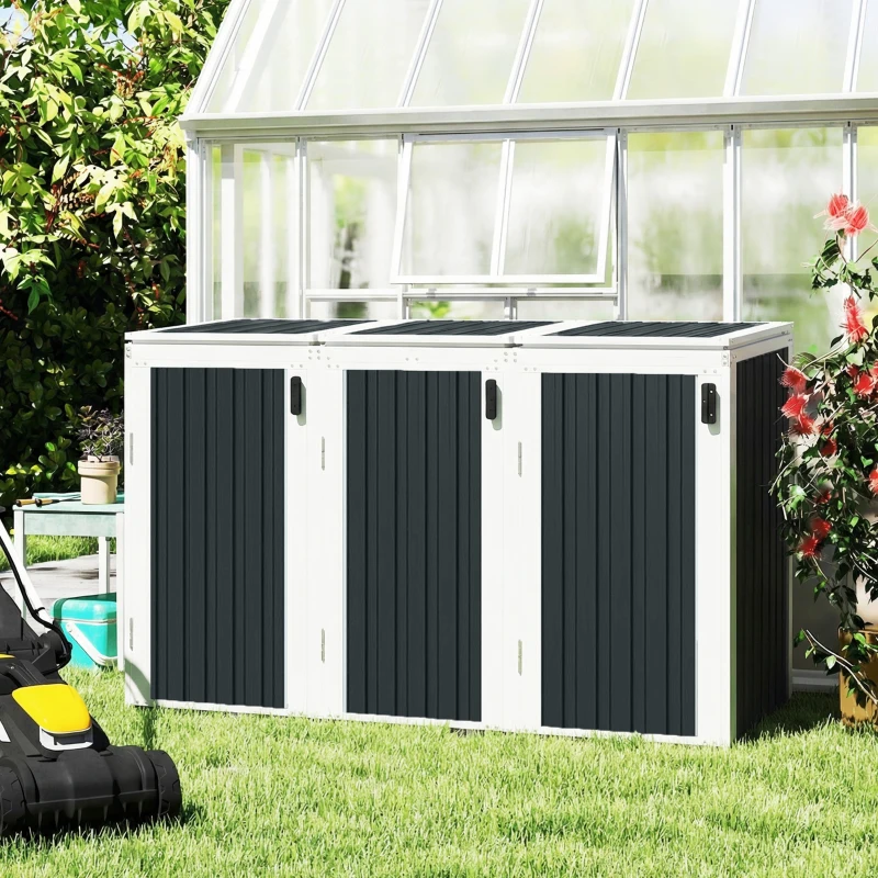 Outsunny Outdoor Storage Shed Rustproof Garbage Bin Shed with Gas Struts Magnetic Doors for 3 Bins White and Grey