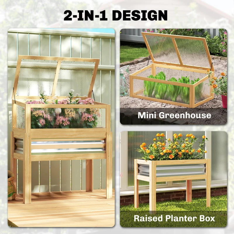 Outsunny Raised Garden Bed with Mini Greenhouse, Elevated Planter Box with Legs and Bed Liner for Flowers, Vegetables