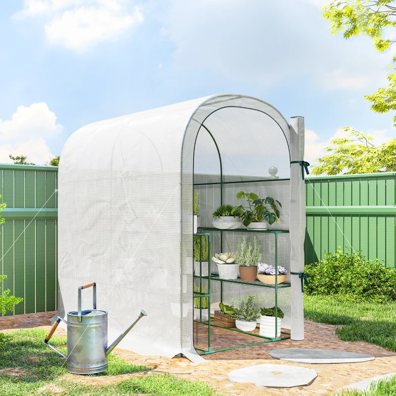 Outsunny Walk-in Mini Greenhouse with Shelves, Portable Outdoor Greenhouse with Roll-up Door, 123 x 187 x 189 cm, White