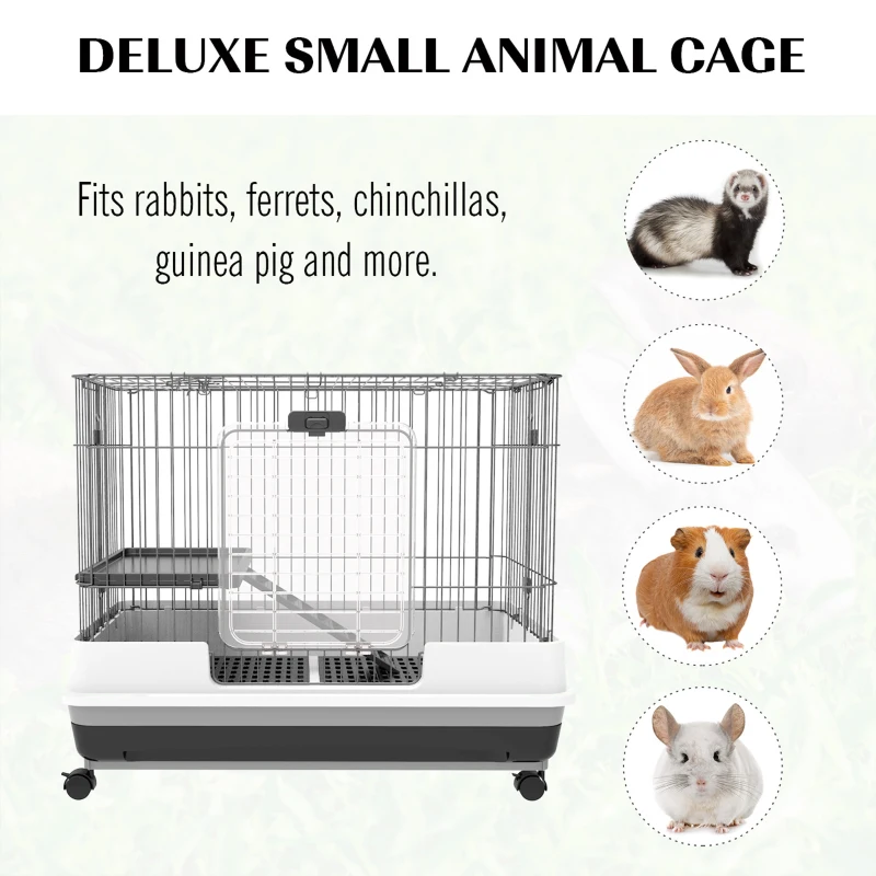 PawHut 28"H Guinea Pig Cage, 2-Level Rabbit Cage for Ferret, Chinchilla, Hedghog, Bunny, Small Animal Habitat with Wheels, Slide-out Tray, Ramp, Black