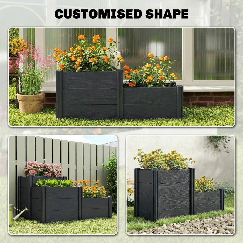 Outsunny Vinyl Raised Garden Bed Kit, 3-Tier Elevated Garden Box with Open Bottom, DIY Assembly, Grey Wood Effect