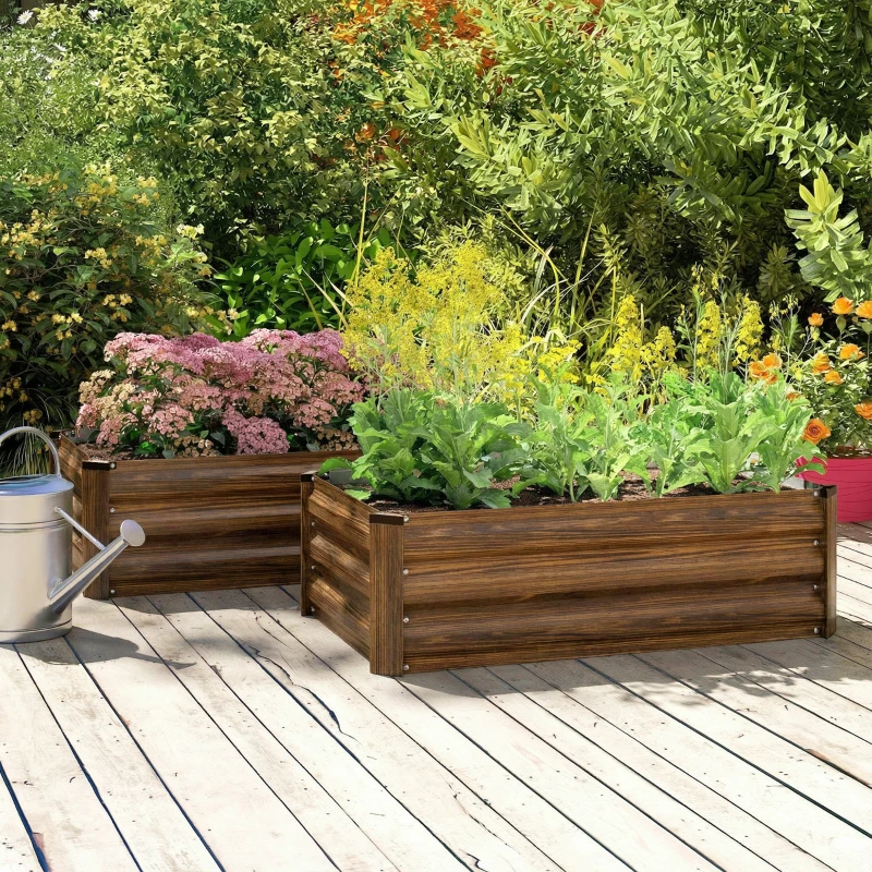 Outsunny Set of 2 Galvanized Raised Beds for Garden, Outdoor Planter Box for Flowers, Herbs and Vegetables, Dark Brown