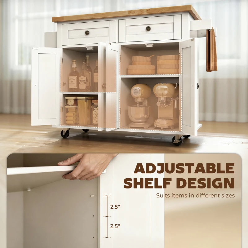 HOMCOM Kitchen Island Cart with Rubber Wood Top, Rolling Kitchen Island Table on Wheels with Drawers, Adjustable Shelves, Spice Rack and Towel Rack for Dining Room, White