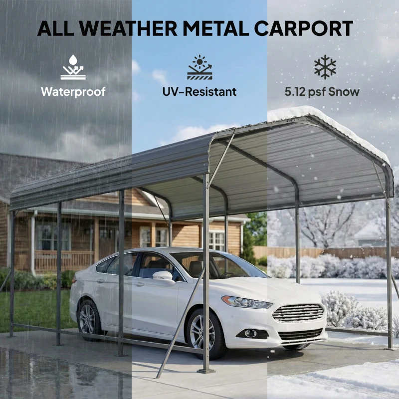 Outsunny 10 x 15FT Metal Carport, Heavy-Duty Carport Canopy with Reinforced Frame & Galvanized Steel Roof, Dark Grey