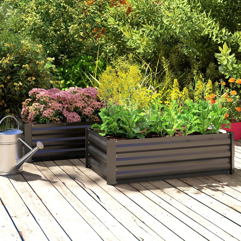 Outsunny Set of 2 Galvanized Raised Beds for Garden, Outdoor Planter Box for Flowers, Herbs and Vegetables, Black