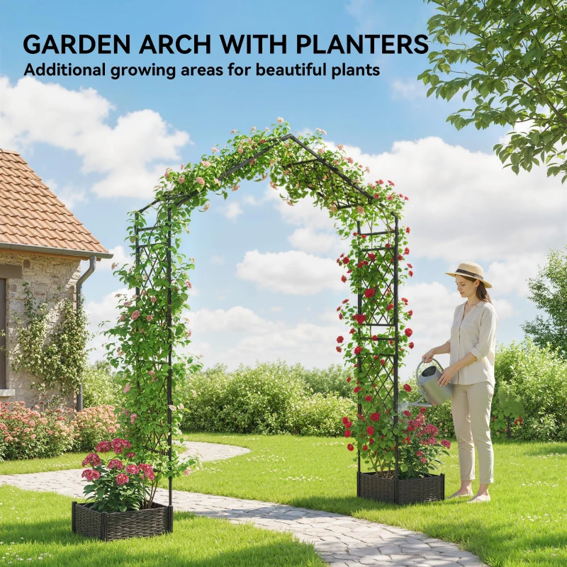 Outsunny Garden Arch Outdoor Trellis Arbor with 2 Planter Boxes, 90.6" x 15.7" x 88.2", Black