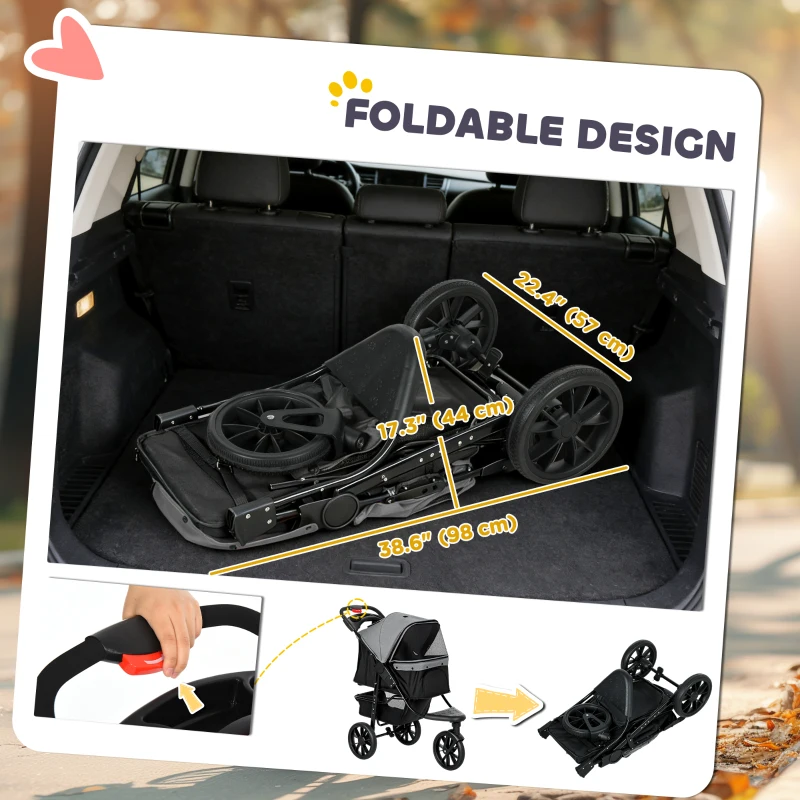 PawHut 3 Wheel Folding Dog Stroller, Travel Carrier with Adjustable Canopy, Storage Brake, Mesh Window for S&M Dogs Grey