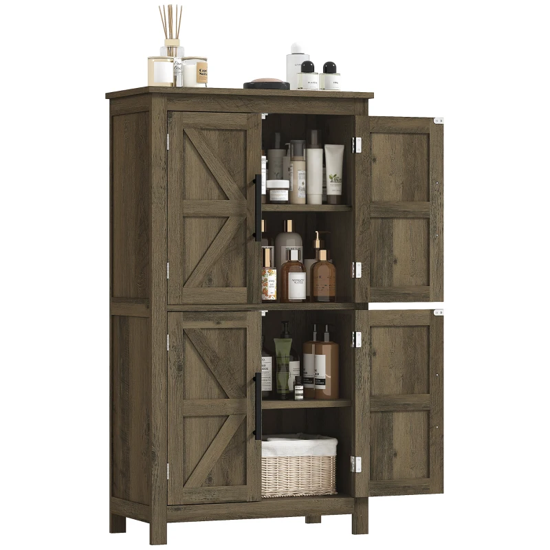 HOMCOM Bathroom Floor Storage Cabinet, Farmhouse Bathroom Cabinet with 4 Doors and Adjustable Shelf, Brown