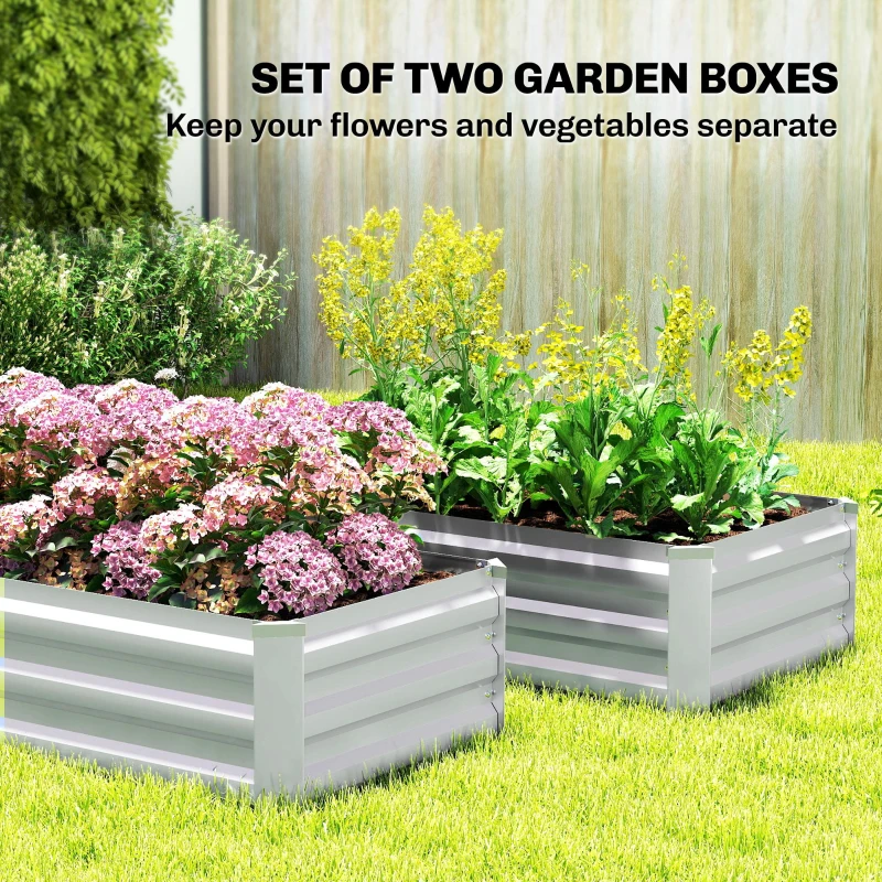 Outsunny Set of 2 Galvanized Raised Beds for Garden, Outdoor Planter Box for Flowers, Herbs and Vegetables, Grey