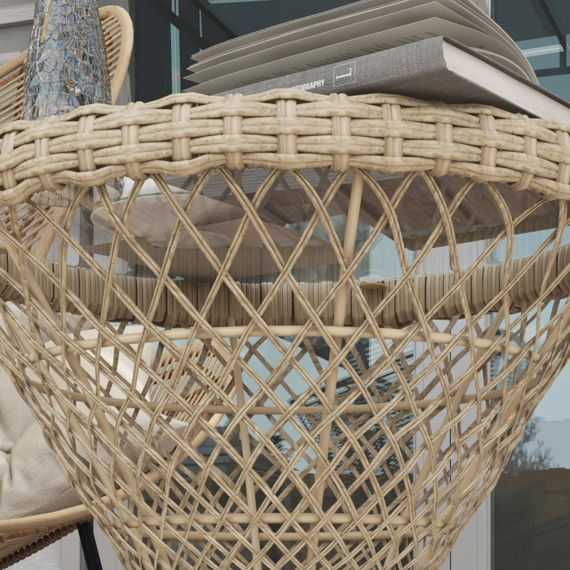 Outsunny Wicker Outdoor Coffee Table, 18" Round Drum-Style Outdoor Patio Table with Tempered Glass Top, Light Brown