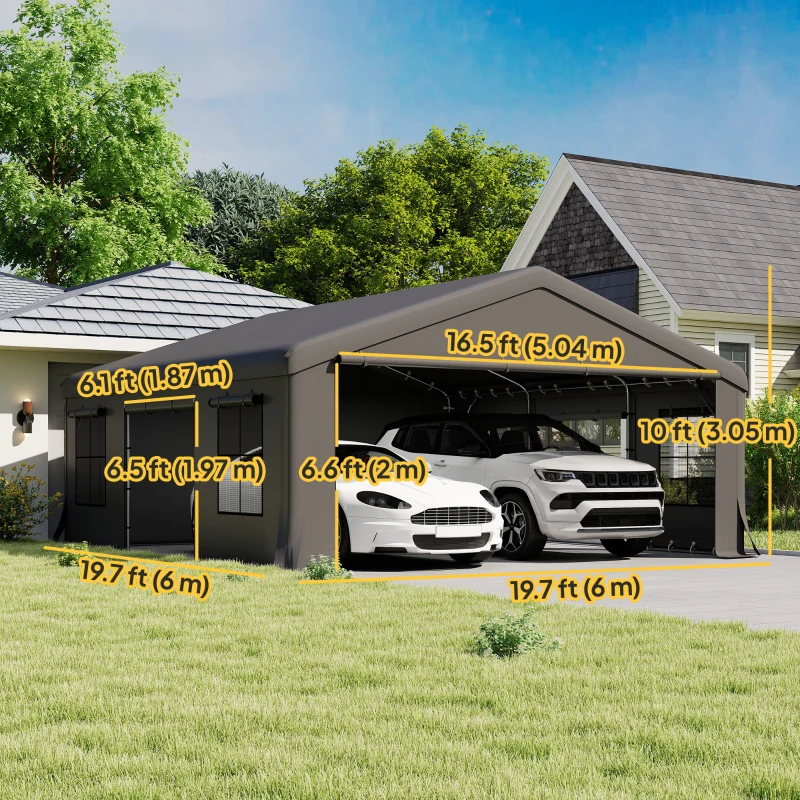 Outsunny 20' x 20' Heavy Duty Carport, Portable Garage Car Canopy Tent Shelter with 3 Roll-up Doors, 4 Windows, Dark Grey