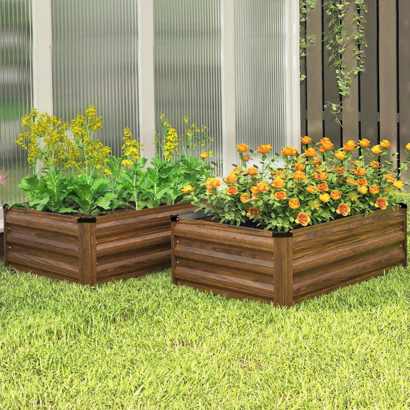 Outsunny Set of 2 Galvanized Raised Beds for Garden, Outdoor Planter Box for Flowers, Herbs and Vegetables, Dark Brown