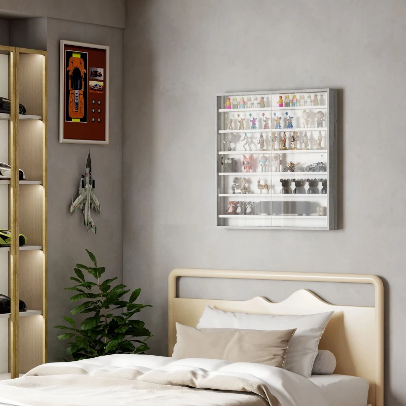 HOMCOM 7-Tier Display Cabinet, Shot Glass Display Case, Glass Curio Cabinet with 2 Glass Doors and 6 Adjustable Shelves, Grey