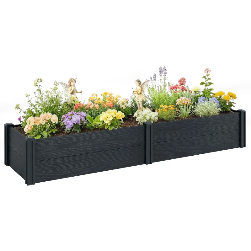 Outsunny Vinyl Raised Garden Bed Kit, 6.5 x 2 x 1ft Elevated Garden Box with Divider and Open Bottom, Grey Wood Effect