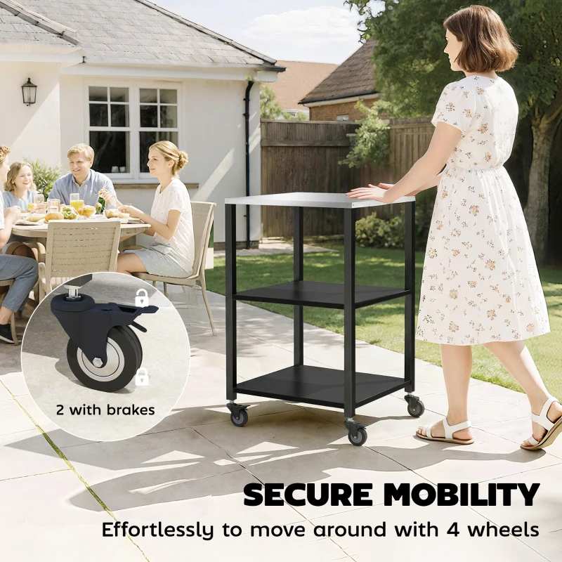 Outsunny Outdoor Grill Cart, Pizza Oven Stand with Stainless Steel Top, 3-Tier Rolling Kitchen Prep Station with Wheels, Black