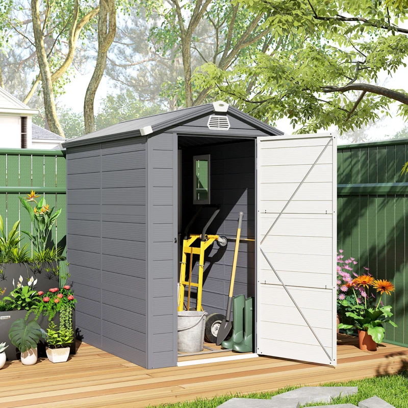 Outsunny 4.5' x 6' Plastic Garden Storage Shed with Latch Door, Vents, Sloped Roof, Dark Grey