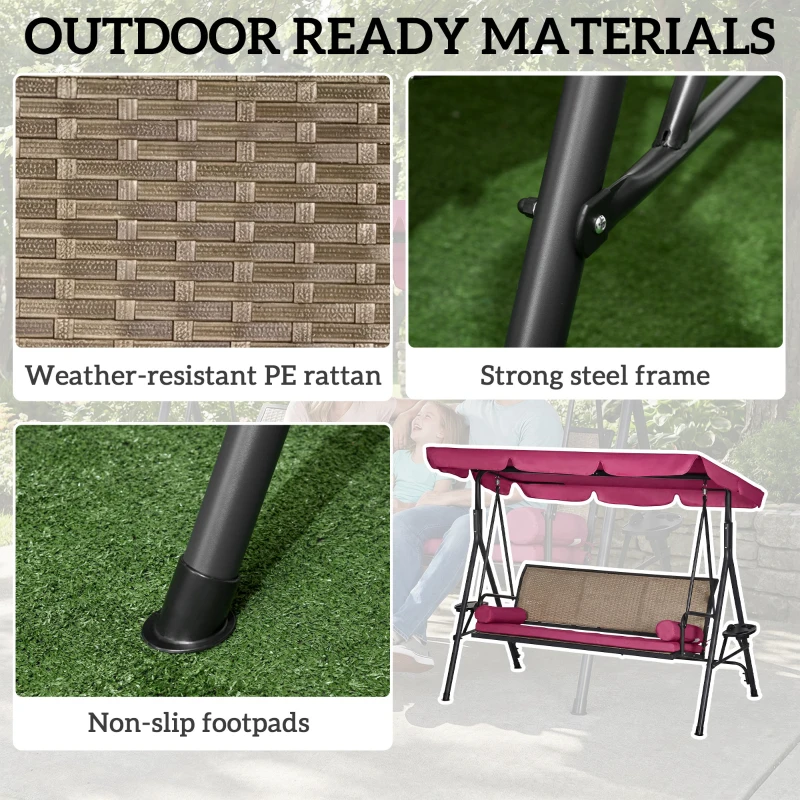 Outsunny Outdoor 3-Seat Porch Swing with Canopy, Rattan Seat, Removable Cushion, Pillows and Steel Frame