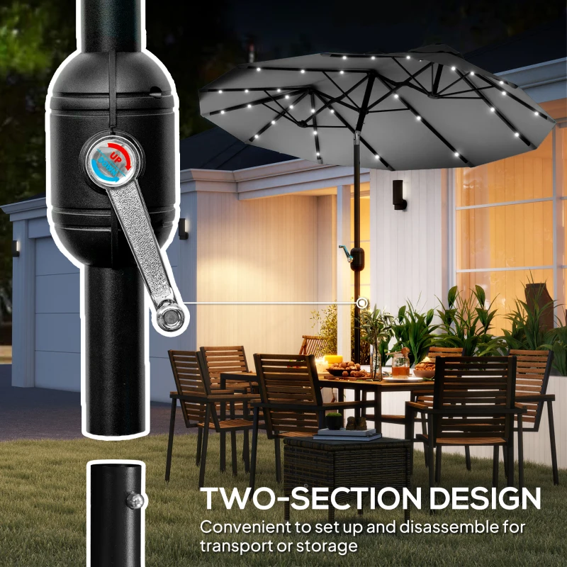 Outsunny Double-sided Patio Umbrella, 9.7' Outdoor Umbrella with Tilt and Crank, LED Solar Light and 12 Ribs, Gray