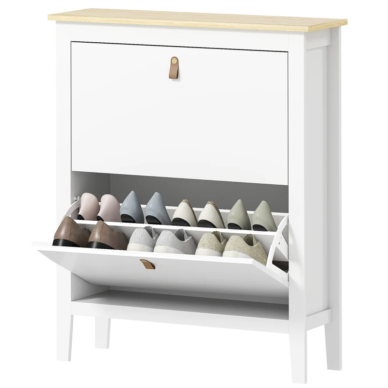 HOMCOM Narrow Shoe Cabinet with 2 Flip Drawers, Adjustable Shelves for Entryway, Holds 10-14 Pairs, White