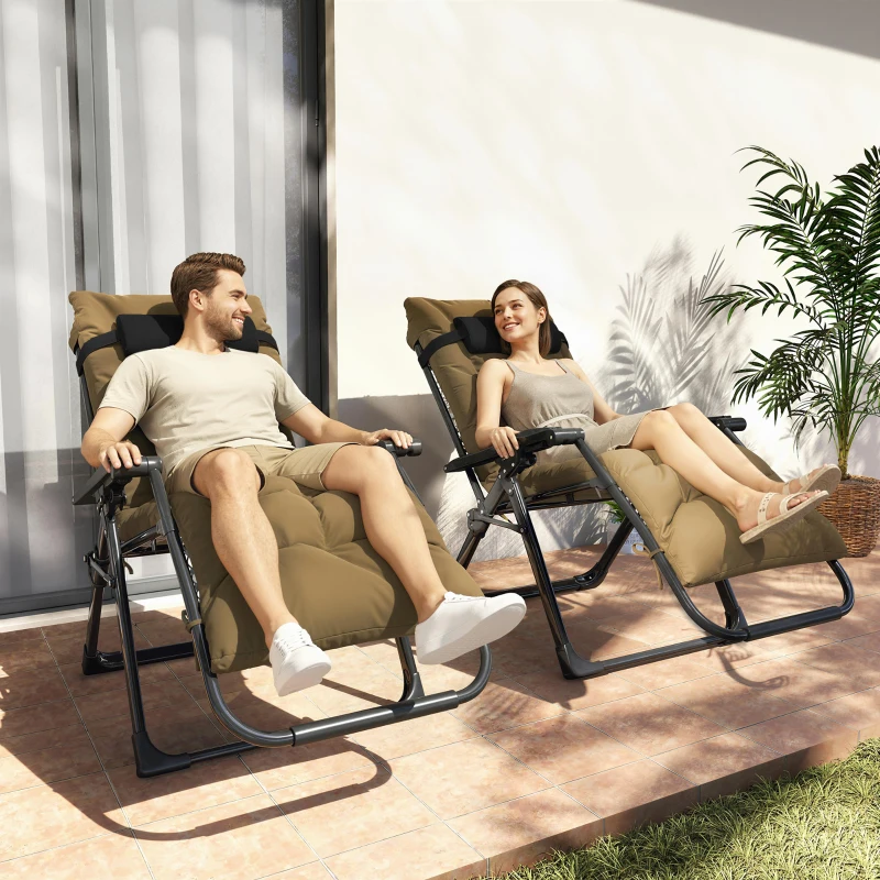 Outsunny Folding Garden Chairs Set of 2, Reclining Zero Gravity Chair, Sun Lounger with Cushion and Headrest, Khaki