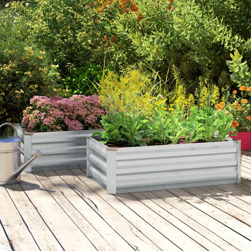 Outsunny Set of 2 Galvanized Raised Beds for Garden, Outdoor Planter Box for Flowers, Herbs and Vegetables, Grey