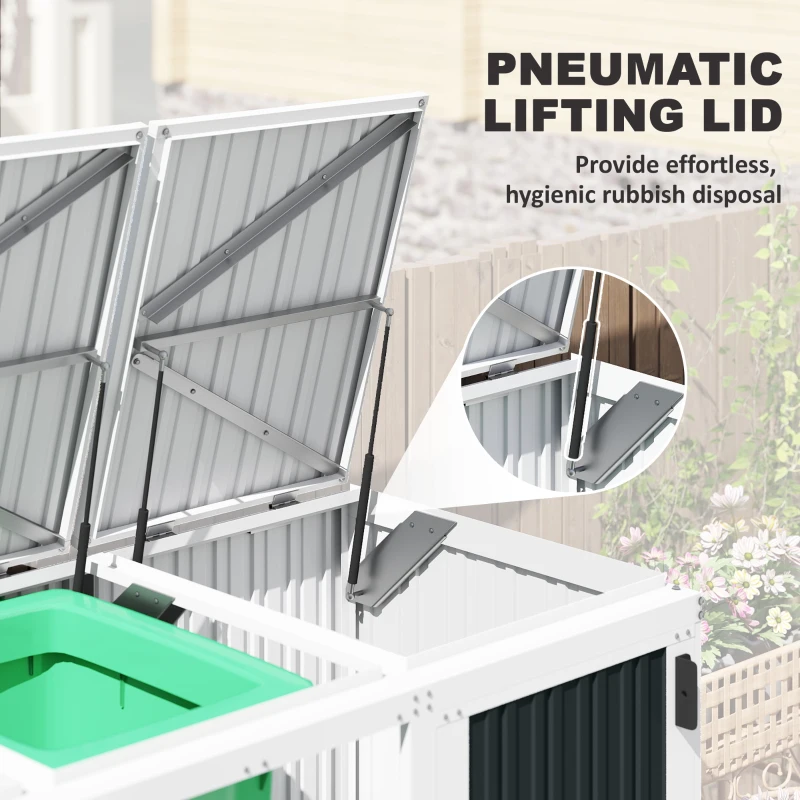 Outsunny Outdoor Storage Shed Rustproof Garbage Bin Shed with Gas Struts Magnetic Doors for 3 Bins White and Grey