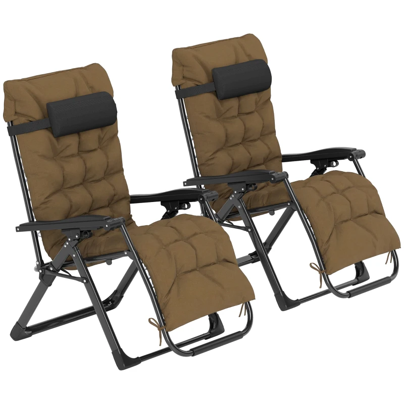 Outsunny Folding Garden Chairs Set of 2, Reclining Zero Gravity Chair, Sun Lounger with Cushion and Headrest, Khaki