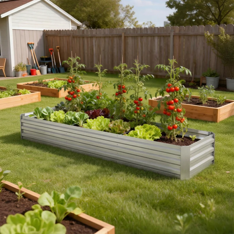 Outsunny 8'x2'x1' Galvanized Raised Bed, Large Elevated Planter Box for Growing Flowers, Herbs and Vegetables, Silver