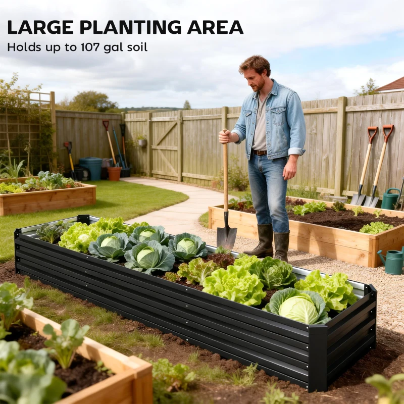 Outsunny 8'x2'x1' Galvanized Raised Bed, Large Elevated Planter Box for Growing Flowers, Herbs and Vegetables, Black