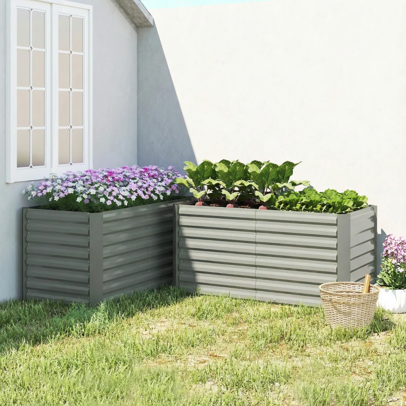 Outsunny Set of 2 Galvanized Metal Planters for Outdoor Plants, 4' x 2' x 2' Raised Garden Bed, Light Grey