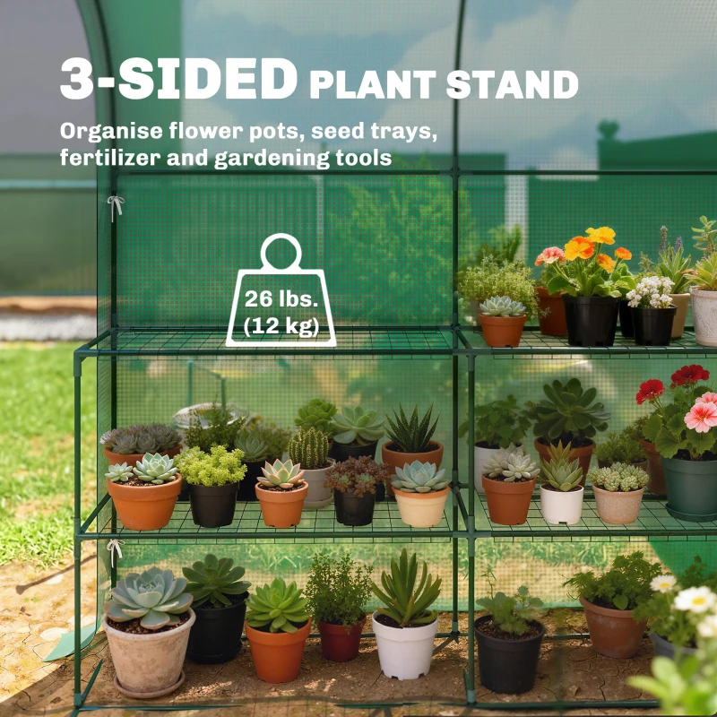 Outsunny Walk-in Mini Greenhouse with Shelves, Portable Outdoor Greenhouse with Roll-up Door, 123 x 187 x 189 cm, Green