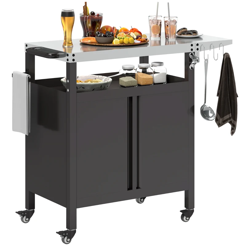 Outsunny Outdoor Grill Cart Table with Foldable Side Table, BBQ Grill Stand with Stainless Steel Top & Hooks, 45.7"x19.7", Black