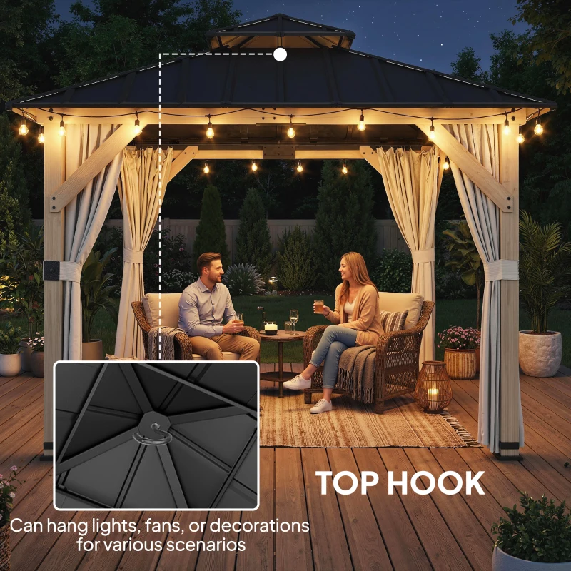 Outsunny 10' x 10' Outdoor Hardtop Gazebo with Double Steel Roof, Wood Patio Gazebo with Curtains, Hook, Light Grey
