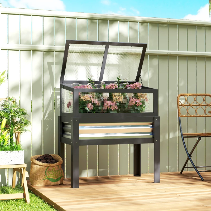 Outsunny Raised Garden Bed with Flip-Up Mini Greenhouse, Elevated Planter Box with Legs and Bed Liner for Flowers, Vegetables