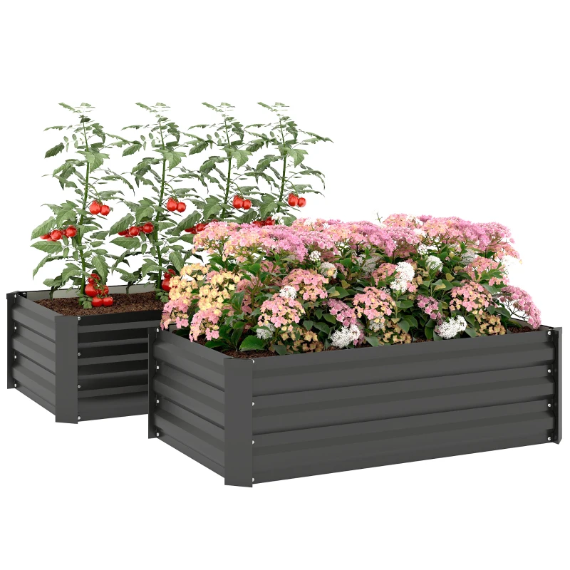 Outsunny Set of 2 Galvanized Raised Beds for Garden, Outdoor Planter Box for Flowers, Herbs and Vegetables, Black