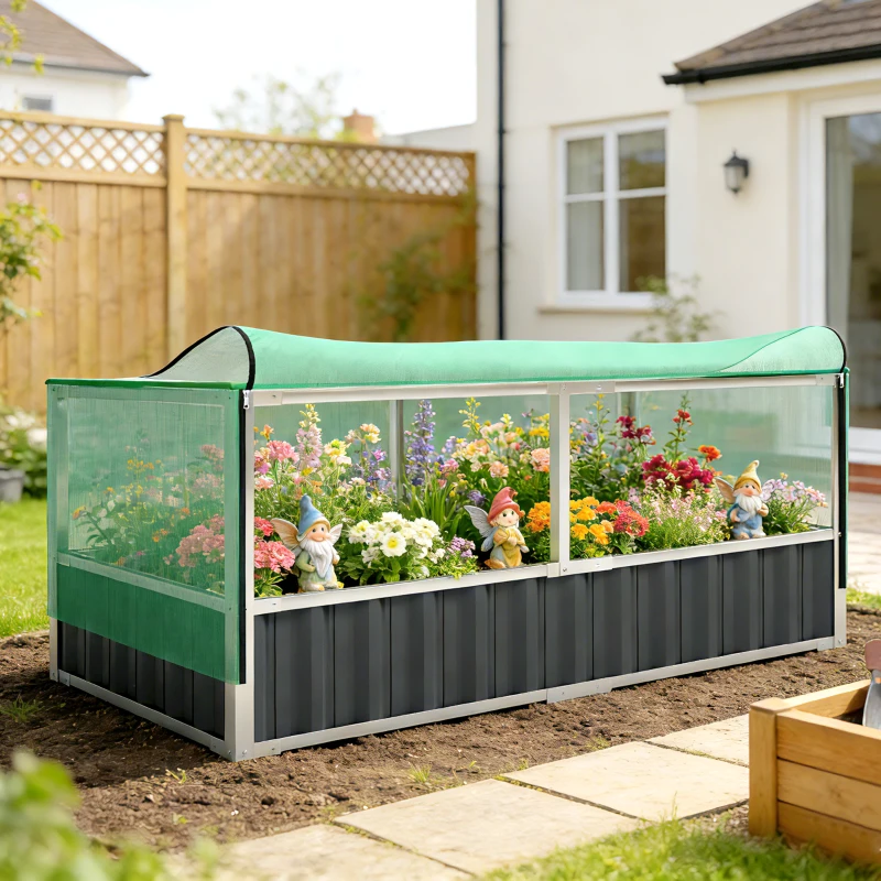 Outsunny Raised Garden Bed, 5.7 x 3 x 2.3ft Steel Planter Box Outdoor with Cover, Gloves, Dark Grey