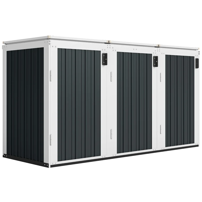 Outsunny Outdoor Storage Shed Rustproof Garbage Bin Shed with Gas Struts Magnetic Doors for 3 Bins White and Grey