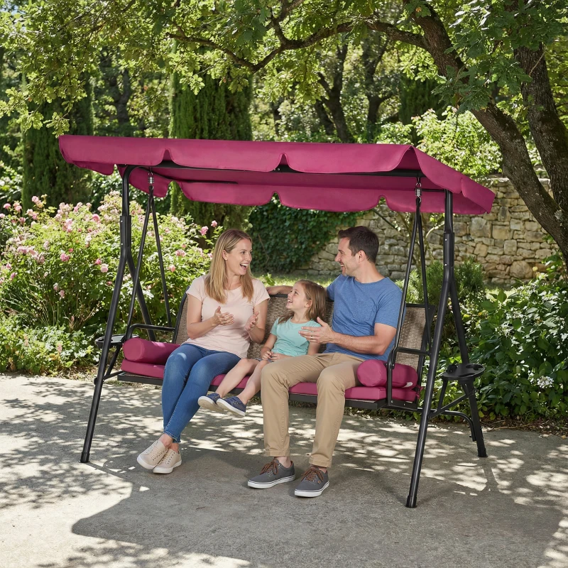 Outsunny Outdoor 3-Seat Porch Swing with Canopy, Rattan Seat, Removable Cushion, Pillows and Steel Frame