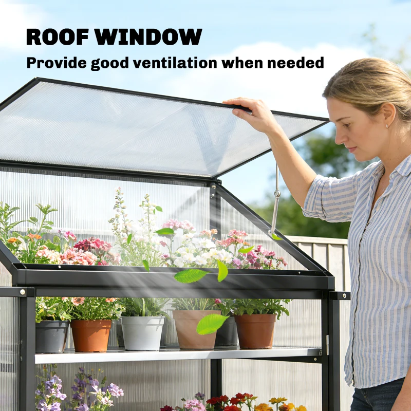 Outsunny Polycarbonate Greenhouse with 2-Tier Shelves Gardening Green House for Patio Garden, Black